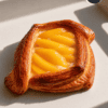 Flaky Danish pastry filled with glossy peach slices arranged in a cream filling on a light countertop