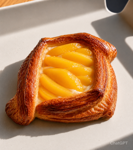 Flaky Danish pastry filled with glossy peach slices arranged in a cream filling on a light countertop