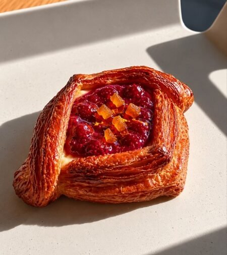 Flaky puff pastry square with cherry filling and small orange candied toppings on a light surface.