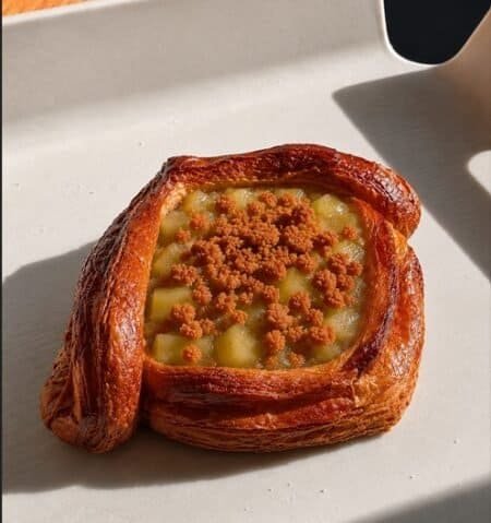 Golden puff pastry square filled with custard and diced apples, topped with brown crumble bits (stewed interior visible)